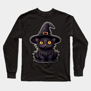 Black Cat In Witches Hat - Black Cats Spooky Halloween Long Sleeve T-Shirt